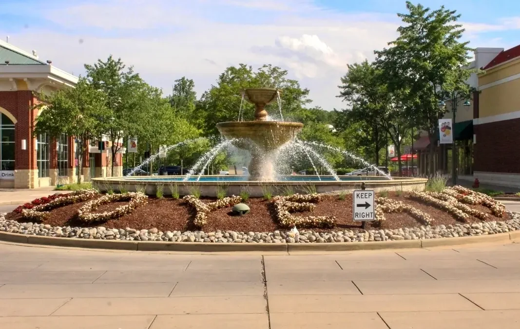 Fountain and landscaping at a town center plaza