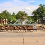 Fountain and landscaping at a town center plaza