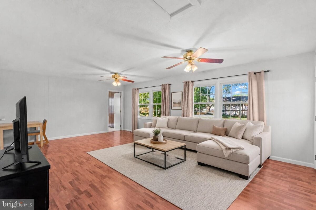 Family room windows, virtually staged